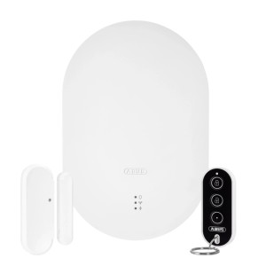 Abus Smartvest Pro Alarmanlage Starter-Set in Weiß mit Zentrale, Öffnungsmelder und Fernbedienung.