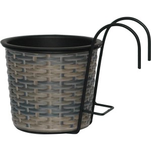 Balkontopf aus Polyrattan in Anthrazit-Beige mit Halterung zum Einhängen, 19x19x22cm.