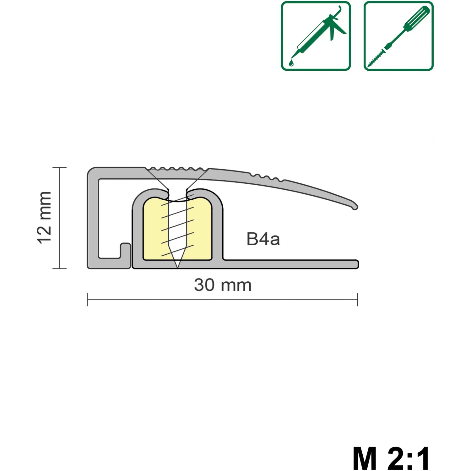 Profilzeichnung: Silbernes Abschlussprofil combi-fix 02 aus Aluminium, 30x12x930 mm, schraubbar.