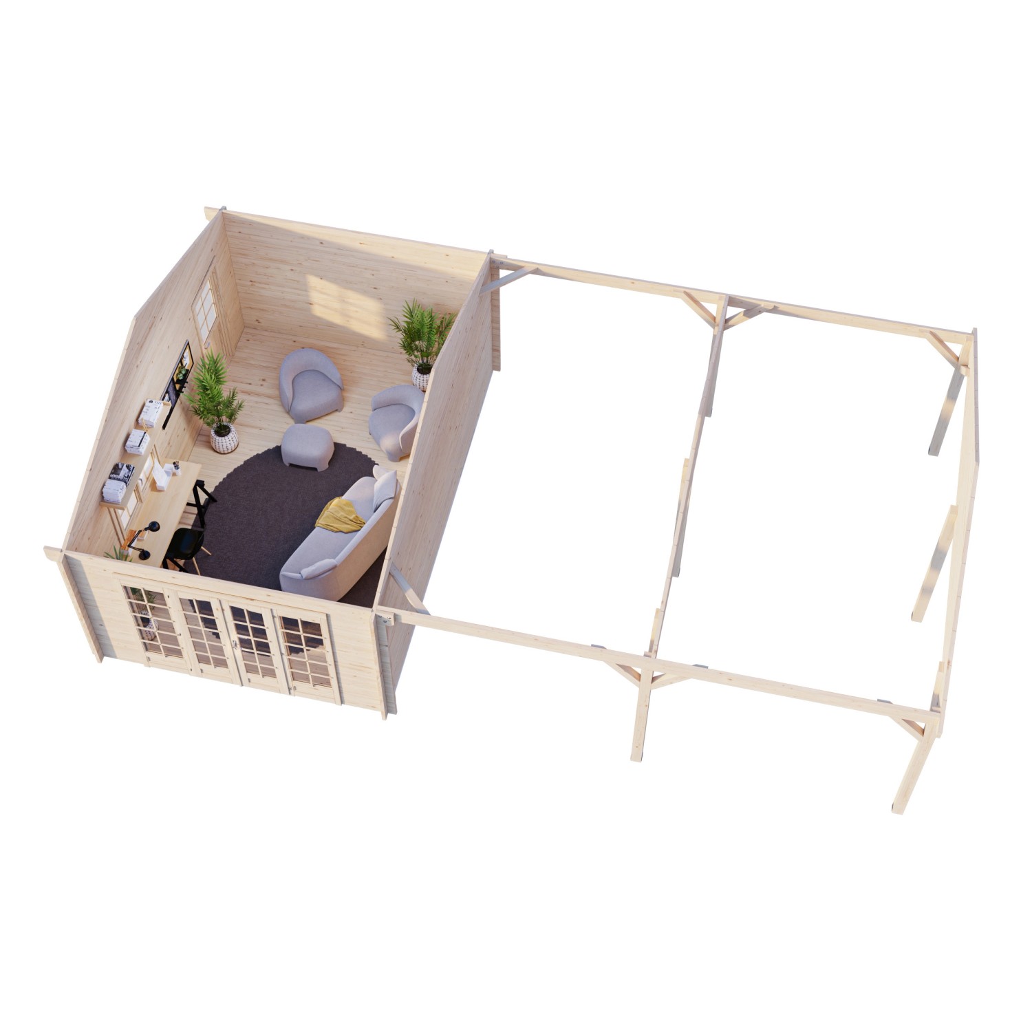 Draufsicht Palmako Gartenhaus Irene mit überdachtem Anbau, naturbelassenes Holz.