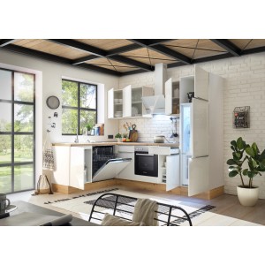 Respekta Winkelküche Marleen 280 cm in Artisan-Eiche und Weiß mit E-Geräten.
