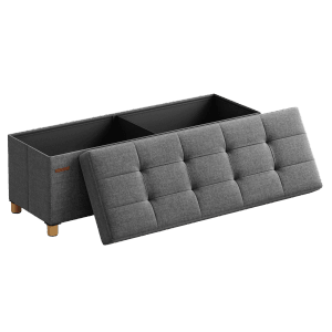 Graue Songmics Sitzbank Melisa mit Stauraum, klappbar, 38x110 cm. Sitzhocker mit Leinenimitat.