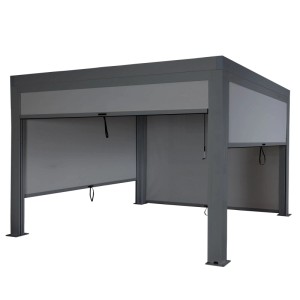 Anthrazitfarbene Pergola mit Seitenwänden und Aluminiumgestell (3x4m).