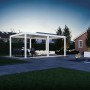 Weißer Aluminium Pavillon mit elektrischem Lamellendach und LED-Beleuchtung auf Terrasse. Ideal für Garten & Sonnenschutz.
