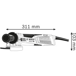 Skizze des Bosch Professional GWX 19-125 S Winkelschleifers mit Maßangaben.