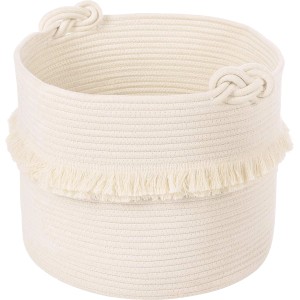 Beiger baliv Cosy Cave Aufbewahrungskorb aus Textil mit Fransen und Knotengriffen.
