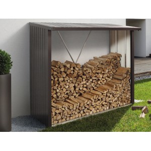 Biohort Kaminholzregal WoodStock in Quarzgrau-Metallic mit gestapeltem Holz.