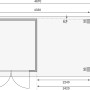Grundriss Karibu Express Gartenhaus Speedy A mit Anbaudach, Maße und Türposition.