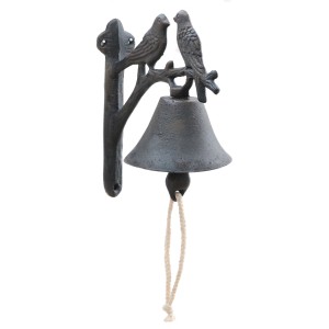 Schwarze Gusseisen Türglocke mit Vogelpaar zur Wandmontage, 18 cm hoch.