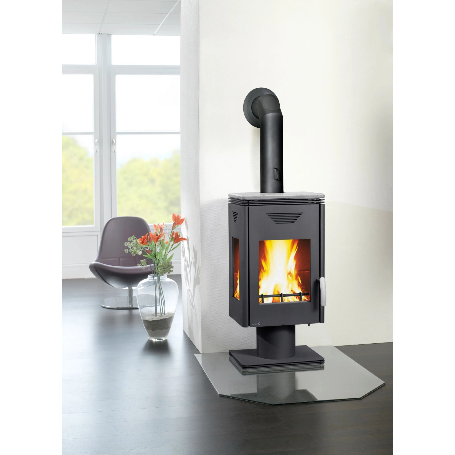 Wamsler Trion Kaminofen, Stahl grau, 8 kW, mit Scheibe und Vermiculite-Auskleidung. Moderner Küchenofen.