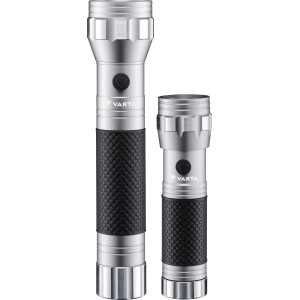 Varta LED-Taschenlampen-Set: Brite Essential F10 und F20, silberfarben mit schwarzem Griff.