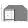 Graues ShelterLogic Foliengerätehaus (3,24 m²) mit Maßangaben. Ideal zur Geräteaufbewahrung.