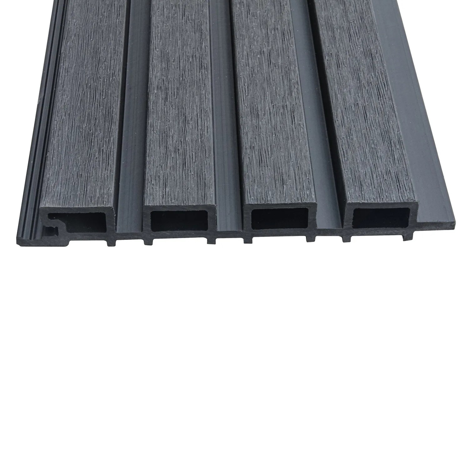WPC Fassadenverkleidung DUVAR in Anthrazit, Detailansicht der Paneele mit Holzoptik.