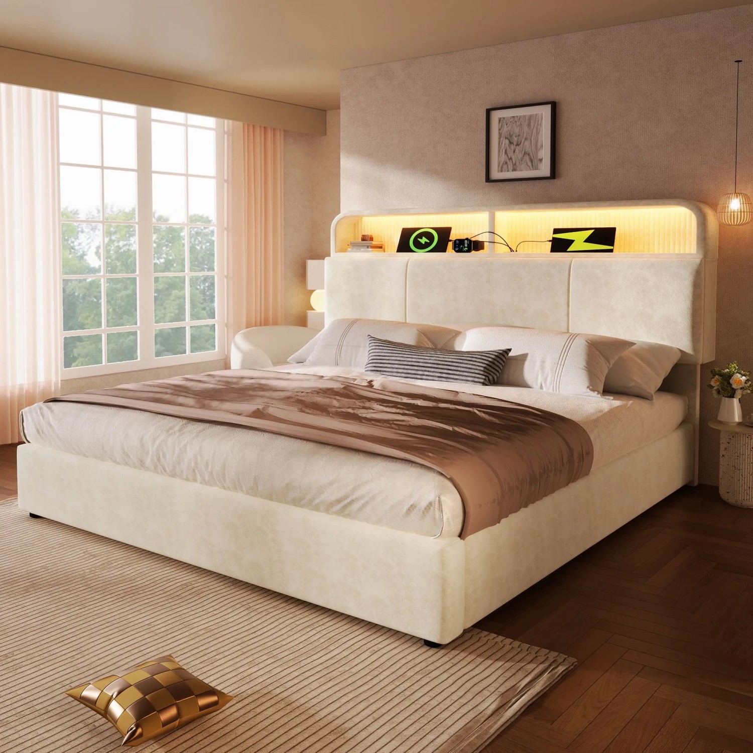 okwish Polsterbett 180x200cm mit Verstellbarem Kopfteil Kinderzimmer Beige ohne Matratze_3