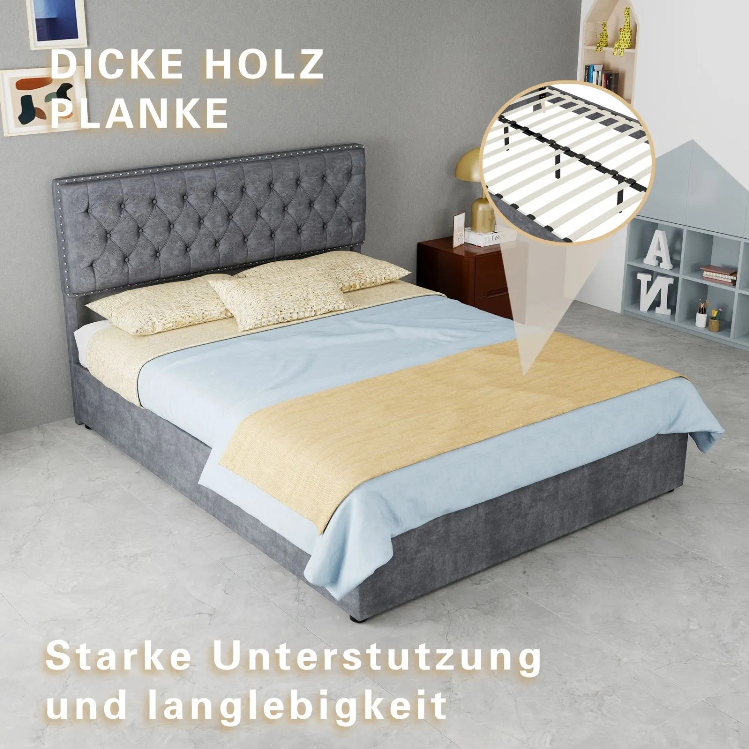 okwish Polsterbett 140x200cm mit Hydraulik Stauraum Schlafzimmer Grau ohne Matratze_6