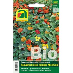 Austrosaat Kapuzinerkresse Saatgut, niedrige Mischung mit gelben, orangen und roten Blüten.