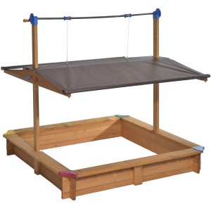 Gaspo Sandkasten Mickey mit Dachlift, 140x140 cm, aus Holz mit farbigen Ecken und braunem Sonnendach.