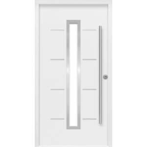 Weiße Sicherheits-Haustür ThermoSpace Milano Prime RC2 mit Edelstahlgriff und Glaseinsatz.