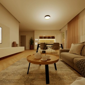 Philips Hanno Deckenleuchte Schwarz-Gold (Ø 38,4 cm) leuchtet ein modernes Wohnzimmer warm aus.