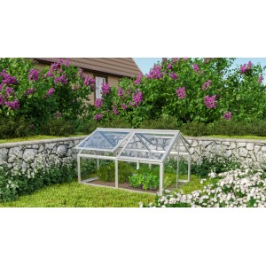 Vitavia Frühbeet Gamma ESG Alu, 89x124x71 cm, mit Sicherheitsglas im Garten.