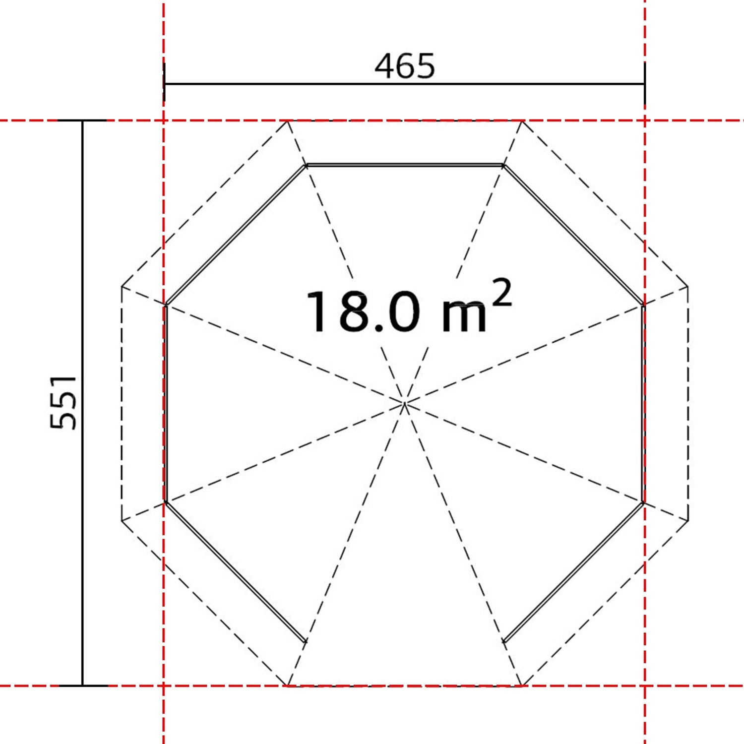 Grundriss Palmako Holz-Pavillon Betty, 465x465 cm, unbehandelt, ohne Boden. Gartenlaube mit 18 m² Fläche.