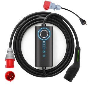Junsun EV Ladegerät 11kW, 10m Kabel, Typ 2 Stecker, 3-phasig, 6-16A, CEE-Stecker und Adapter.