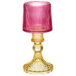 Teelichthalter aus Glas, pink/gelb, 17,5cm hoch, geripptes Design für stimmungsvolle Beleuchtung.