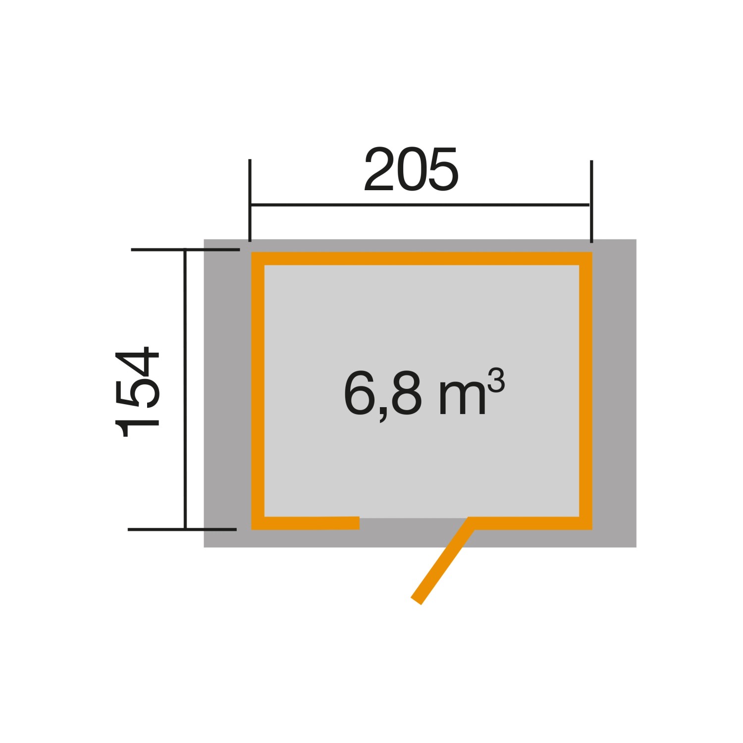 Grundriss Weka Gartenhaus 223, Satteldach, lasiert, mit Maßen 205x154 cm und 6,8 m³ Volumen.