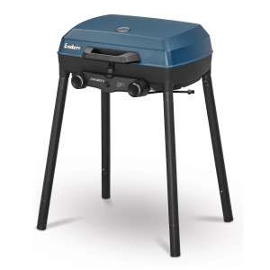 Enders Camping-Gasgrill Explorer II Caravan DE 30 mbar mit blauem Deckel und schwarzen Beinen.