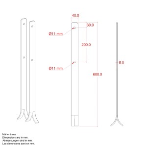 Zeichnung eines feuerverzinkten Pfostenträgers, 600 mm lang, 40 mm breit, 5 mm dick.