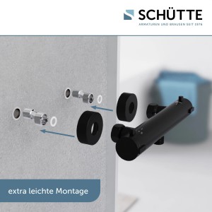 Montage der schwarzen Schütte Thermostat Duscharmatur London, Detailaufnahme.