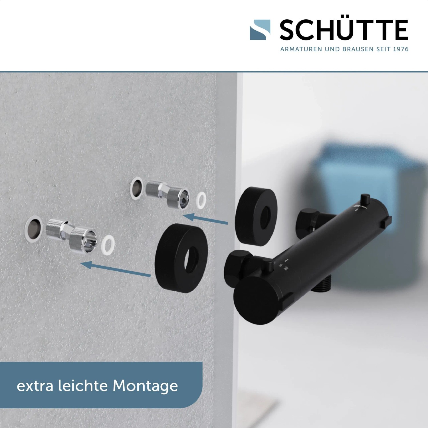 Montage der schwarzen Schütte Thermostat Duscharmatur London, Detailaufnahme.