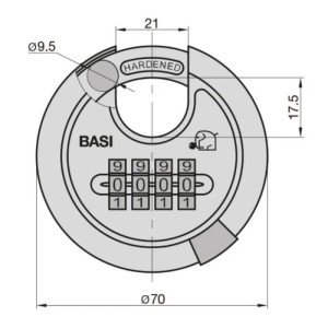 Basi Rundbügel Vorhangschloss Set, 4er-Set, 70mm, mit Zahlenkombination und Edelstahlgehäuse.