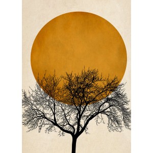 Fototapete: Baum im Sonnenuntergang in Schwarz, Weiß und Gelb. FSC®-zertifiziert.