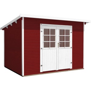 Schwedenrotes Holz-Gartenhaus mit Flachdach und weißer Doppeltür. Weka Gartenhaus 219.
