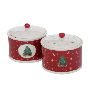 Zwei mehrfarbige Boltze Vorratsdosen Delight (Ø 18 cm) mit weihnachtlichen Motiven.
