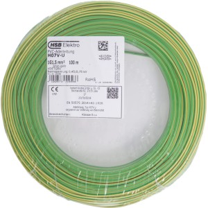 Gelb-grüne Aderleitung H07V-U 1,5 mm² auf Rolle, 100 m für Elektroinstallation.