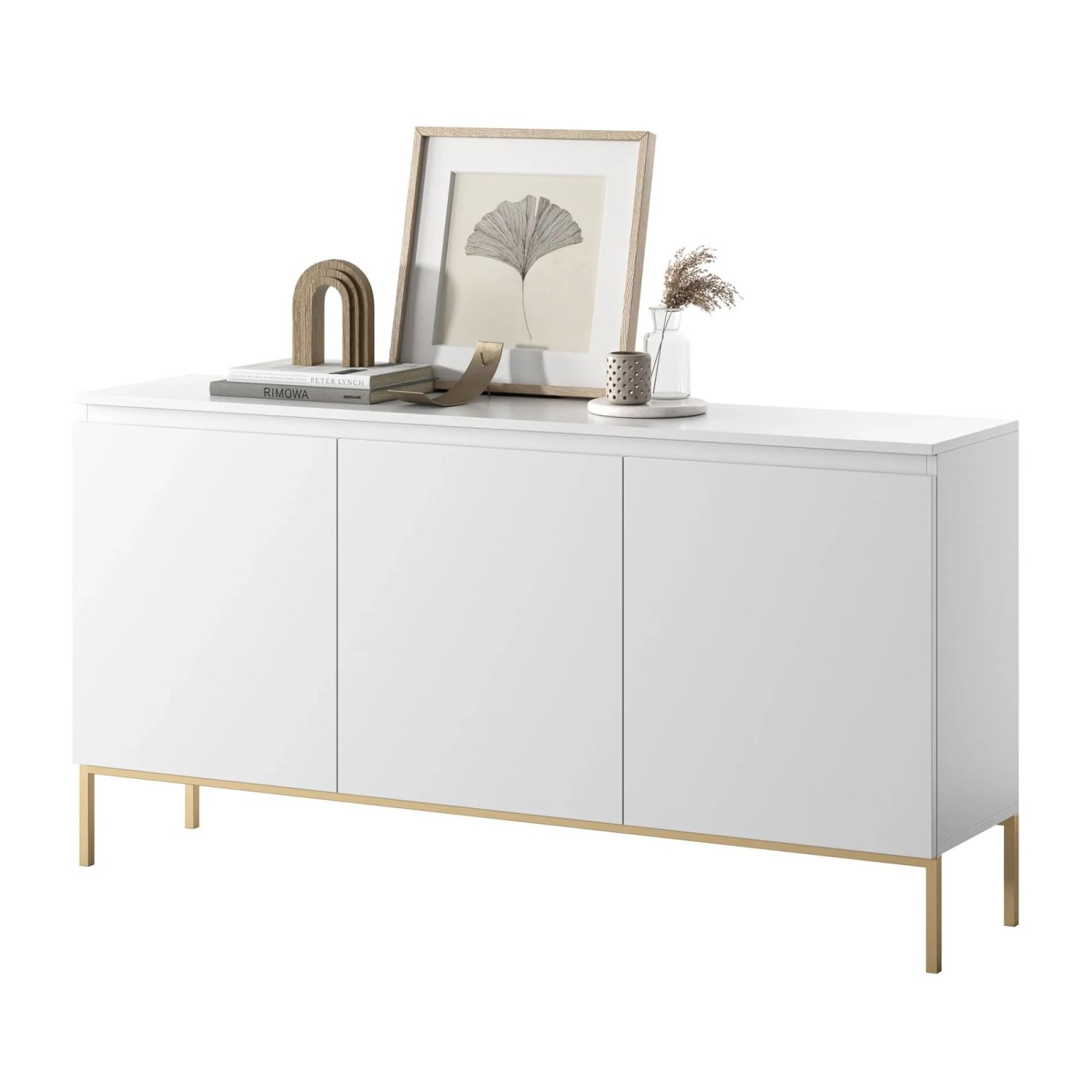 Selsey Bemmi Sideboard 150 cm, weiß, mit drei Türen und goldenen Metallbeinen. Modernes Stauraummöbel.