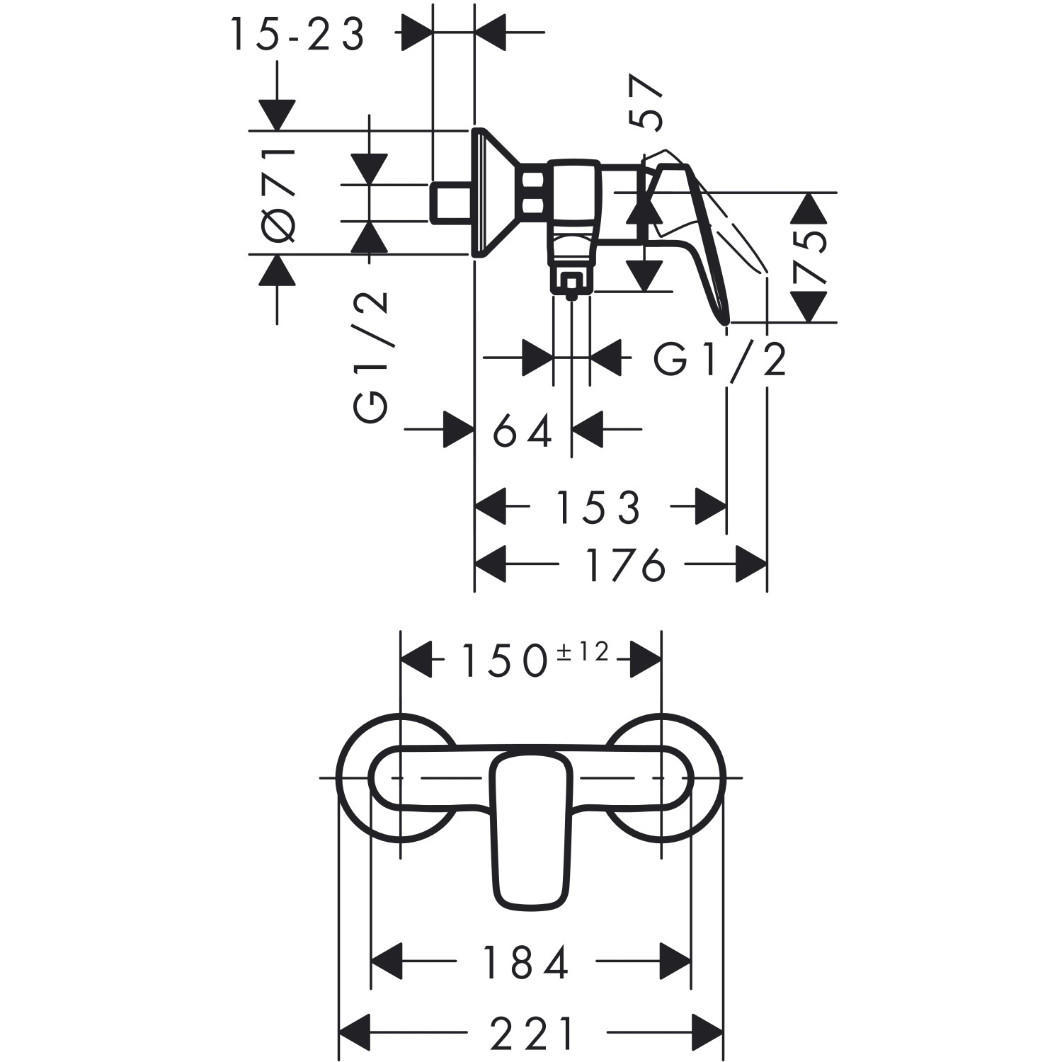 Technische Zeichnung Hansgrohe Logis Aufputz Brausearmatur, Maße und Anschlüsse für Installation.