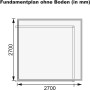 Fundamentplan für Karibu Holz-Gartenhaus Kumla, 270x270 cm. Abmessungen des Gartenhauses.