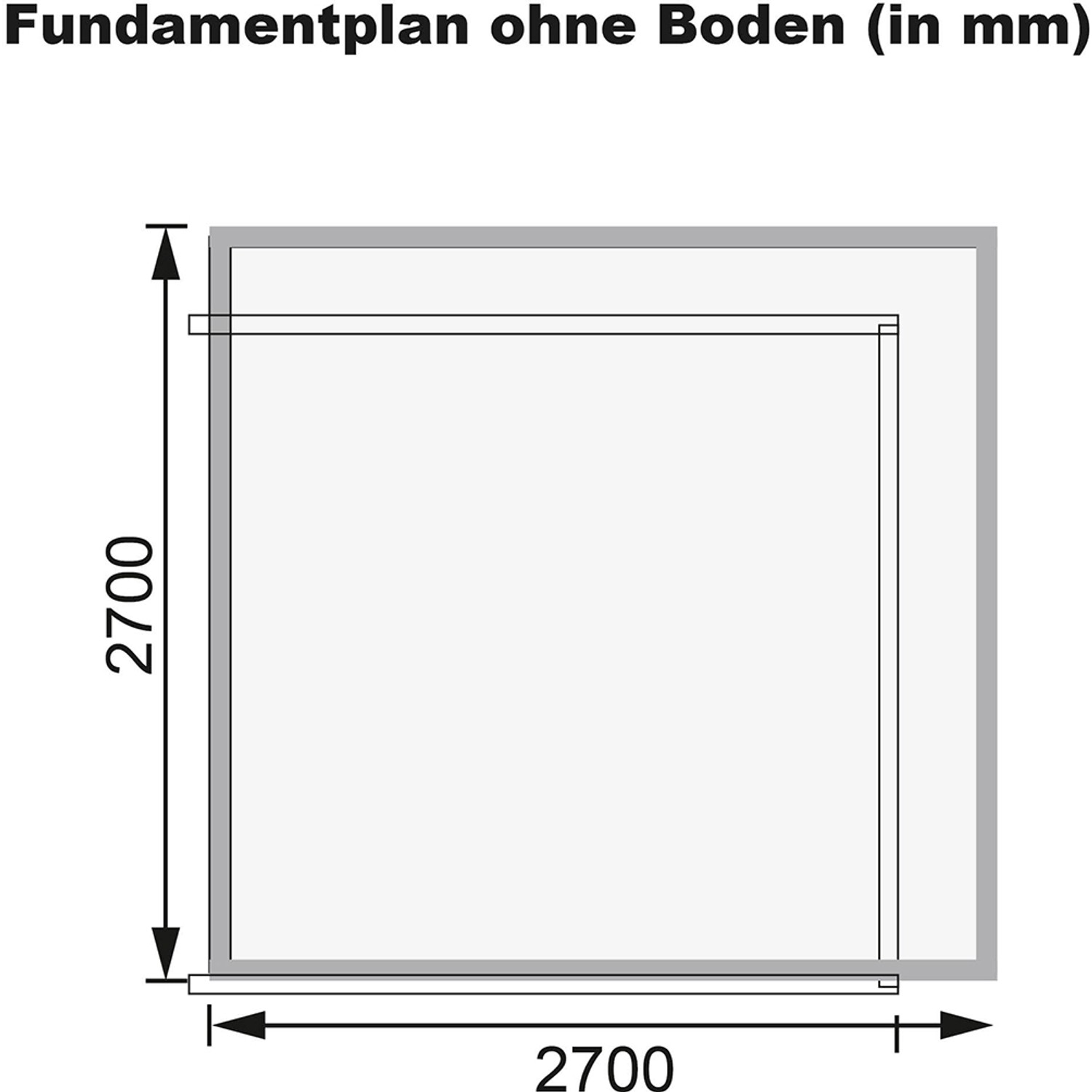 Fundamentplan für Karibu Holz-Gartenhaus Kumla, 270x270 cm. Abmessungen des Gartenhauses.