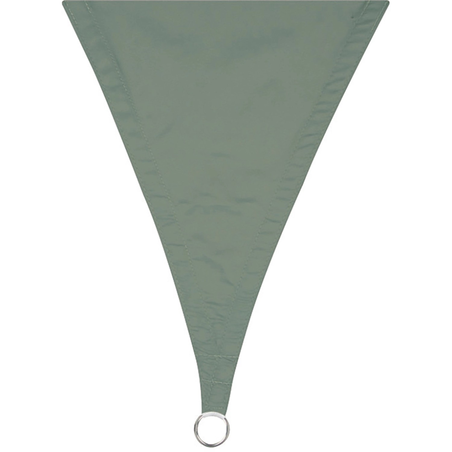 Dreieckiges, grün-graues Sonnensegel (3,6x3,6x3,6 m) mit D-Ring zur Befestigung.