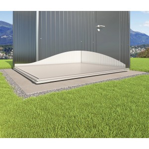 Biohort SmartBase Fundament für Gerätehaus Europa Gr. 7, Aludielen auf Rasen.