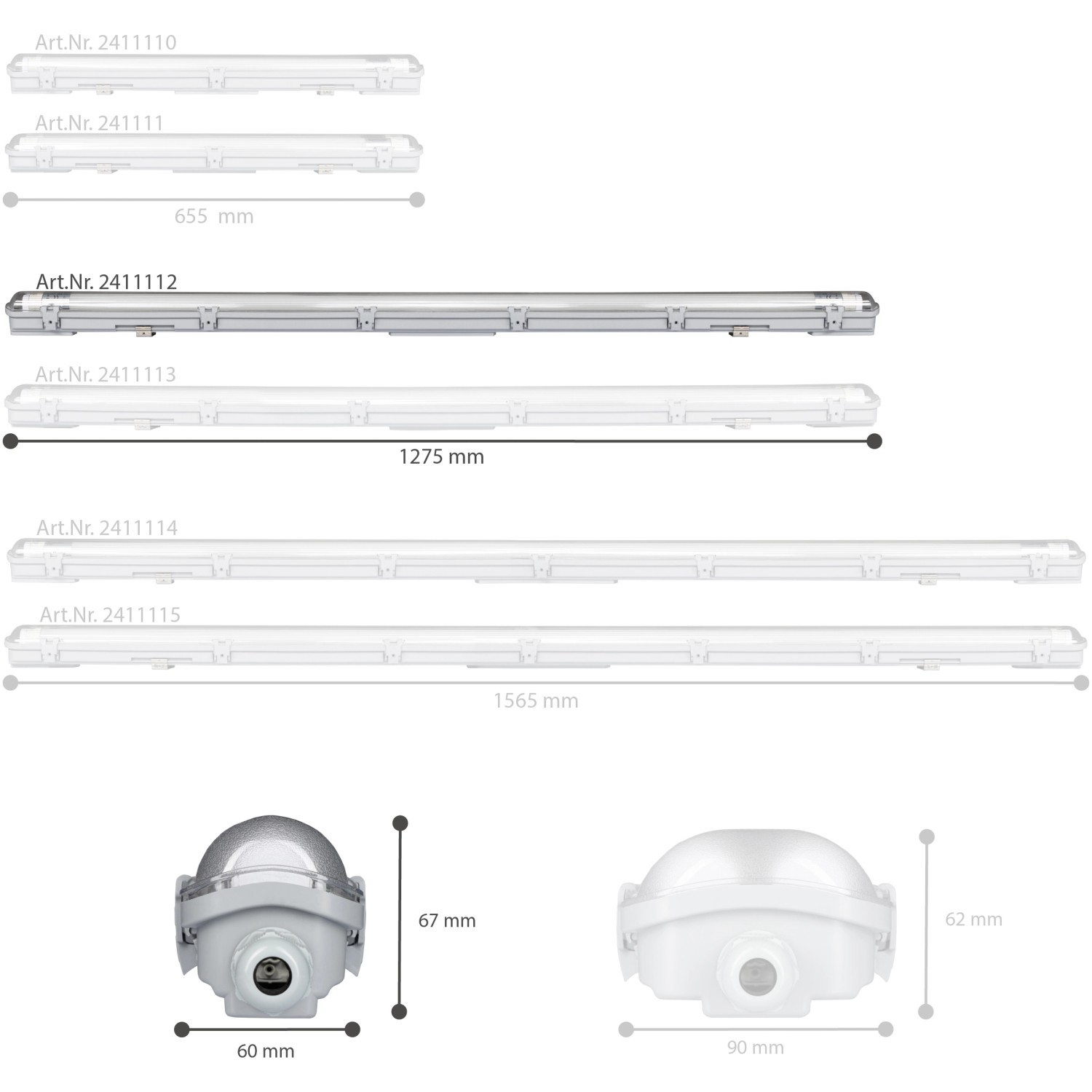 LED-Feuchtraumleuchte, 17,5 W, grau, verschiedene Größen und Detailansichten.