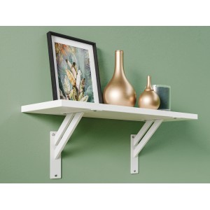 Weisse Metall-Konsole (30x30 cm) mit Regalbrett an grüner Wand. Regale & Regalböden.