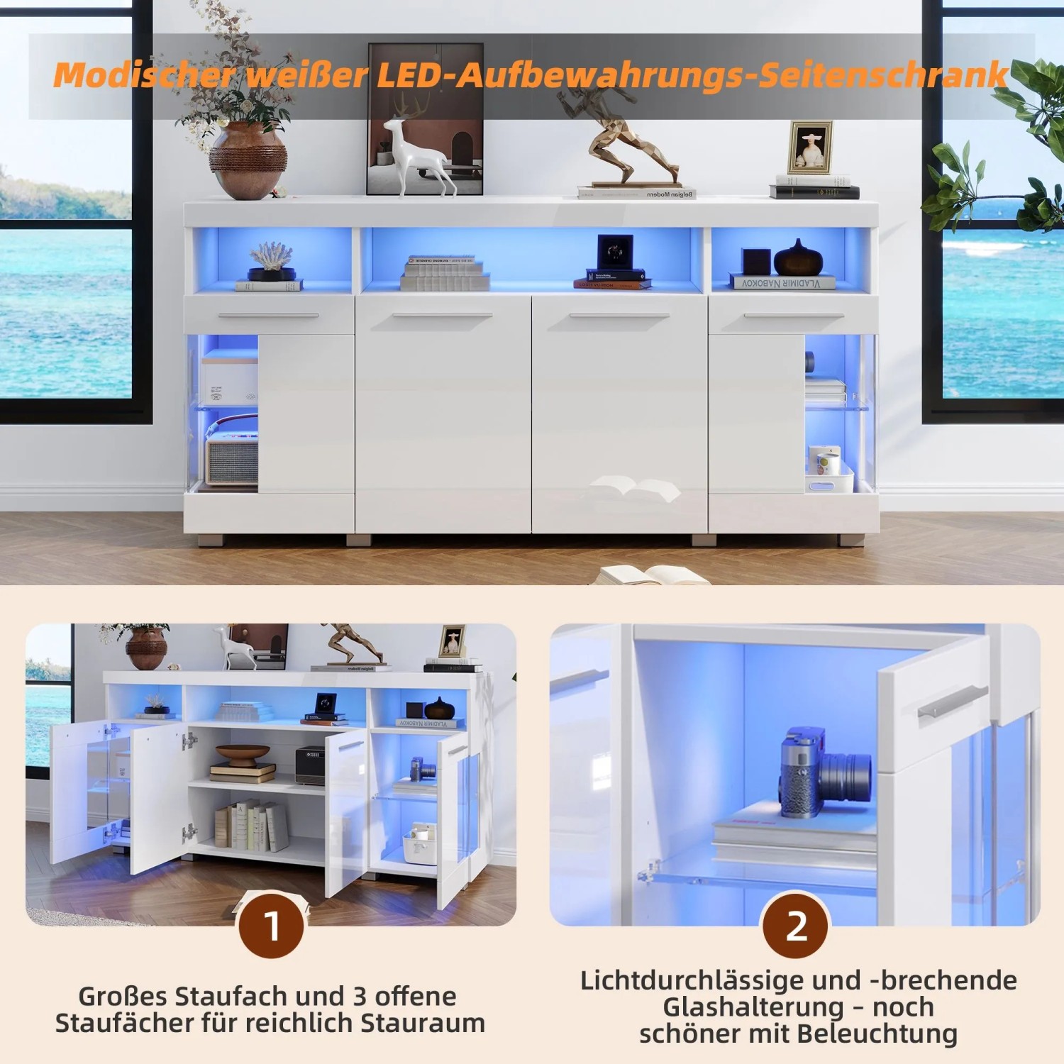 okwish Sideboard mit LED Hochglanz Glasfächer Wohnzimmer 140x40x70 cm Weiß_9