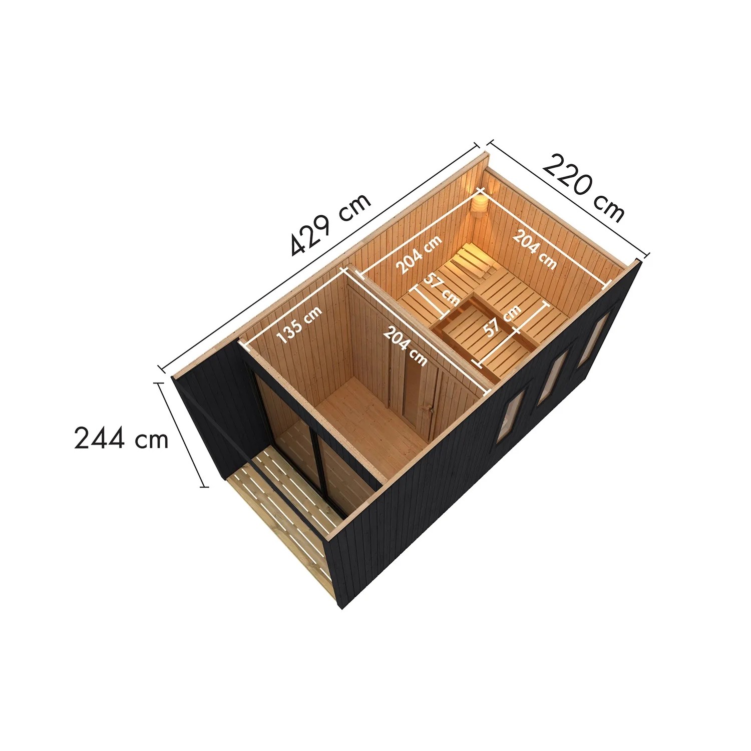 Draufsicht Karibu Saunahaus Cancun Schwarz mit Maßen. Gartensauna mit Vorraum und Bänken.