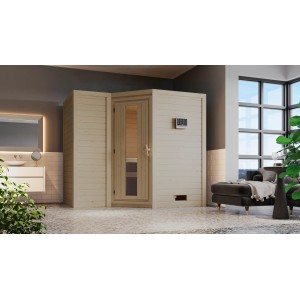Karibu Sauna Steena 2 und Natur Massivholzsauna mit Glastür und Steuerung.