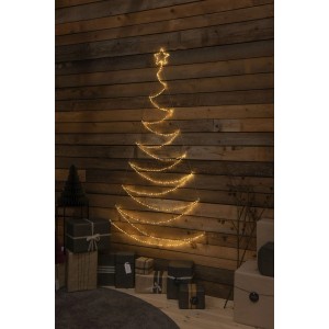 Konstsmide Weihnachtsbaum aus Metall mit 420 bernsteinfarbenen LEDs, Sternspitze, für Innen, an Holzwand.