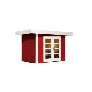 Rotes Weka Holz-Gartenhaus mit Flachdach und Doppeltür. Lasiertes Gartenhaus für den Garten.